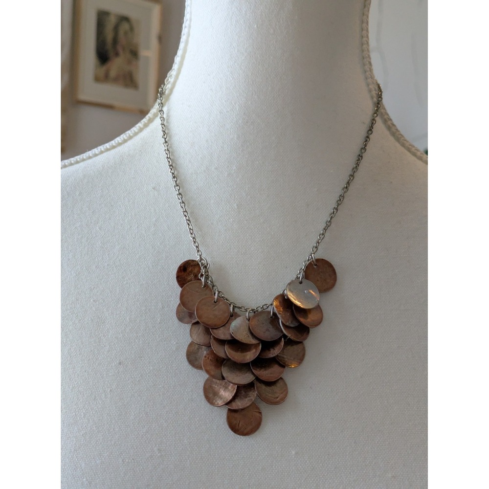 Cascading Bib Necklace Silver Bronze Tone Shell Discs Earthy Boho Statement